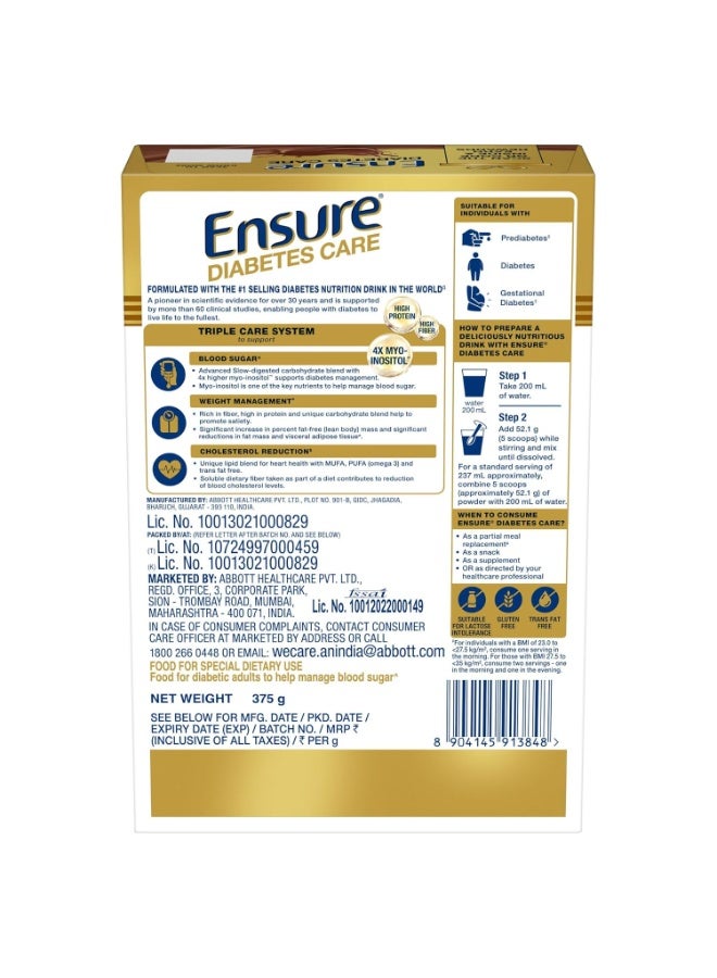 انشور مسحوق شوكولاتة دايابيتس كير 375 غرام غني بالألياف والبروتين و36 عنصرًا غذائيًا | يساعد على تنظيم مستويات السكر في الدم خلال 4 أسابيع - Image 4